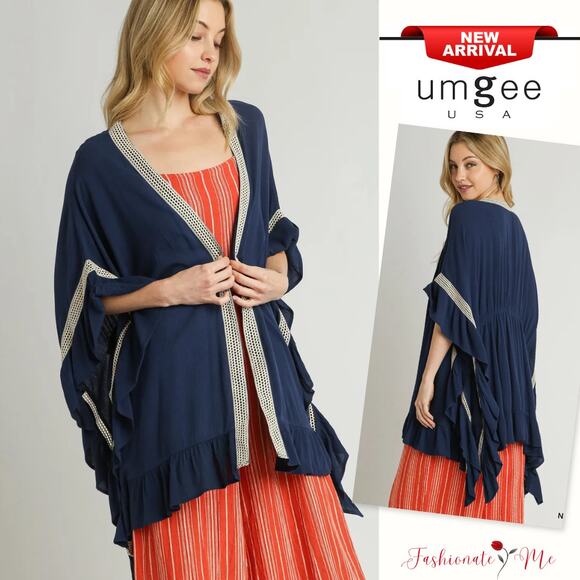 Umgee Ruffle Trim Delicate Crochet Lace Accents Loose Open Front Kimono | Navy - Picture 1 of 7
